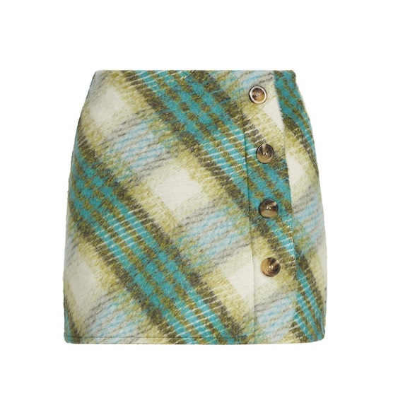 Y2K En Saison Size Blue Green and White Plaid Illusion Wrap Mini Skirt - Picture 4 of 10